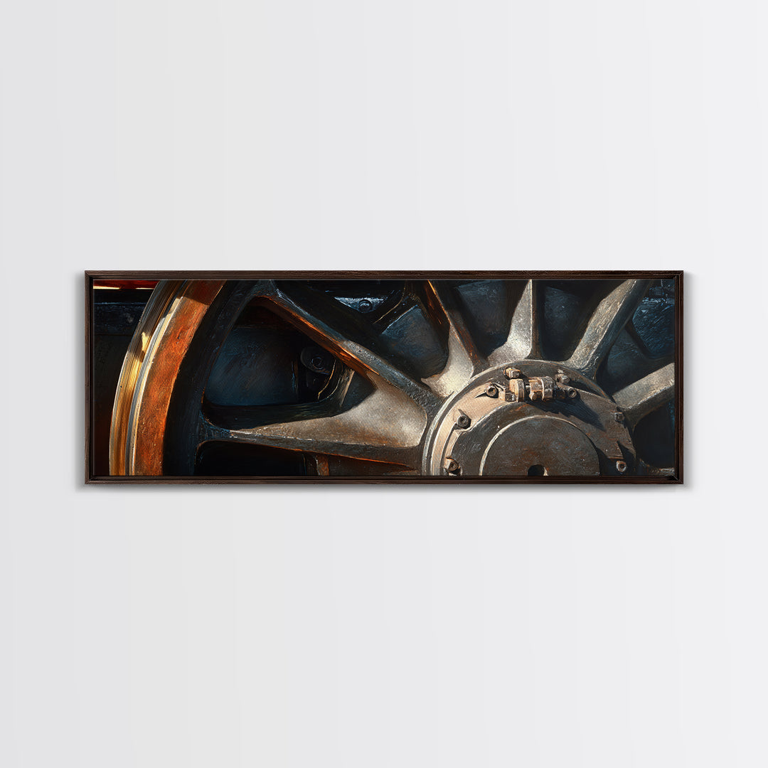 Steam Locomotive Wheel Closeup Canvas Print, Industrial Art, Black and White Art, Living Room Decor, Watercolor Art, Foundry, IND-3x1-94