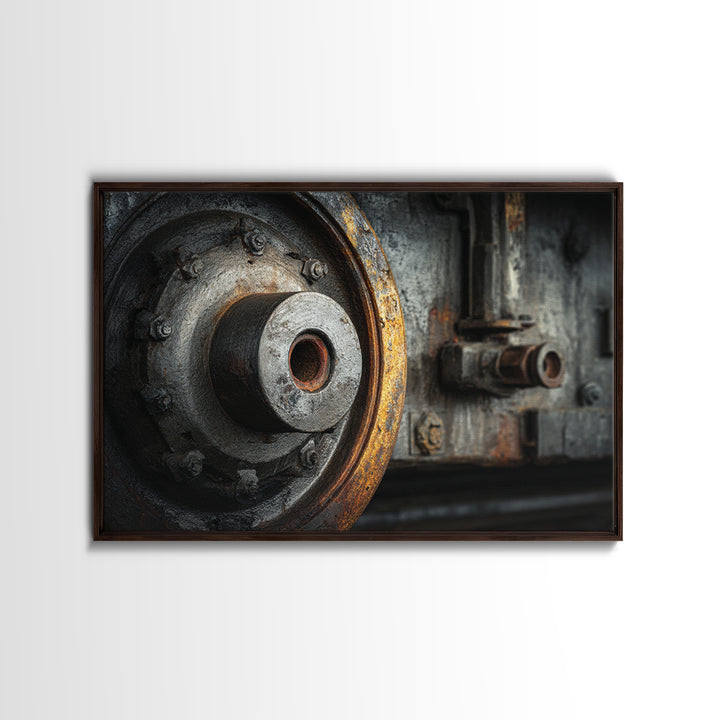 Steam Locomotive Wheel Closeup Framed Canvas Print, Industrial Art, Living Room Art, Living Room Decor, Fine Art, Foundry, IND-3x2-10
