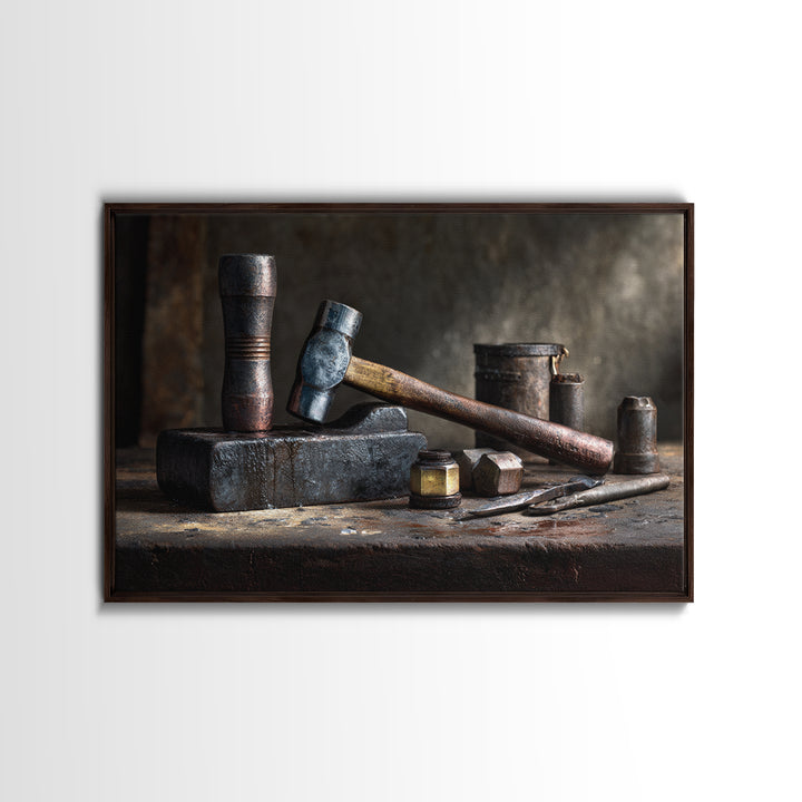 Blacksmith Tools on Dark Workbench Framed Canvas Print, Industrial Art, Metal Art, Living Room Decor, Fine Art, Foundry, IND-3x2-14