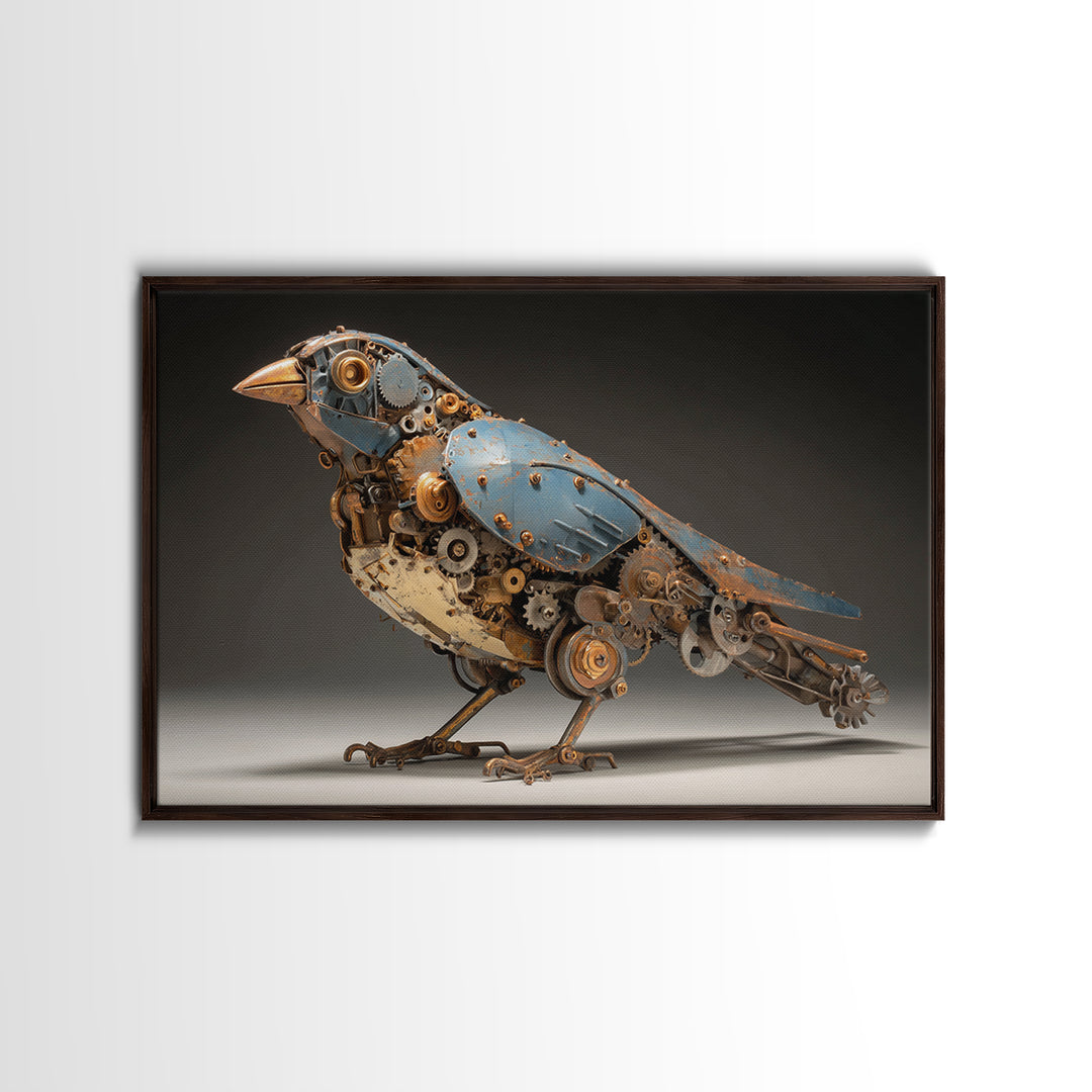 Mechanical Bird Made from Gears Framed Canvas Print, Industrial Art, Luxury Decor, Living Room Decor, Fine Art, Foundry, IND-3x2-23