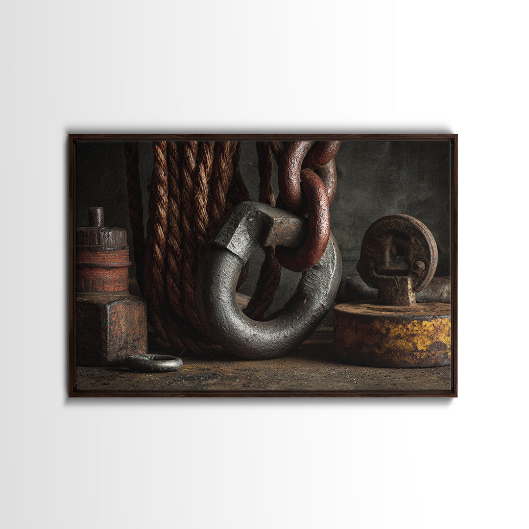 Chain and Hook Still Life Canvas Print, Industrial Art, Textured Painting, Living Room Decor, Watercolor Art, Foundry, IND-3x2-44