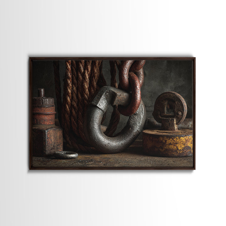 Chain and Hook Still Life Canvas Print, Industrial Art, Textured Painting, Living Room Decor, Watercolor Art, Foundry, IND-3x2-44
