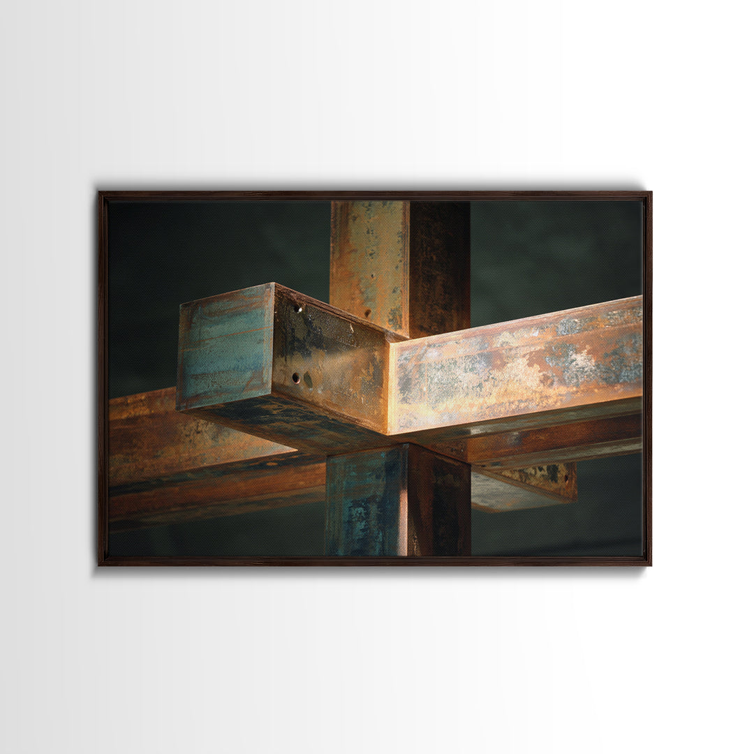 Steel Beams Crossing Like Abstract Lines Framed Canvas Print, Industrial Art, Room Decor, Living Room Decor, Fine Art, Foundry, IND-3x2-45