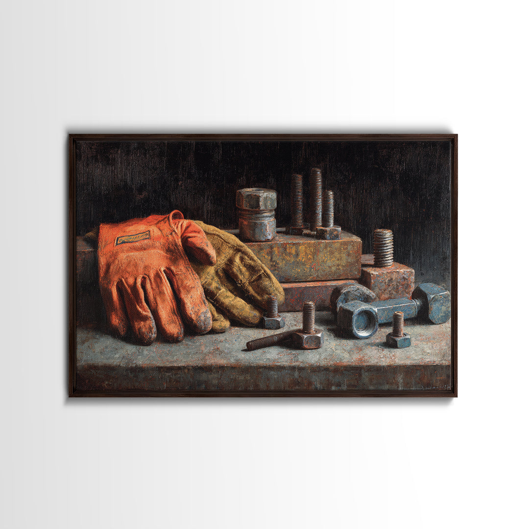 Worn Work Gloves and Bolts Arrangement Framed Canvas Print, Industrial Art, Bauhaus Poster, Living Room Decor, Foundry, IND-3x2-46