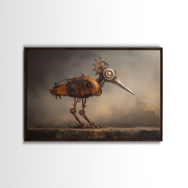 Mechanical Bird Made from Gears Framed Canvas Print, Industrial Art, Metal Art, Living Room Decor, Oil Painting, Foundry, IND-3x2-47
