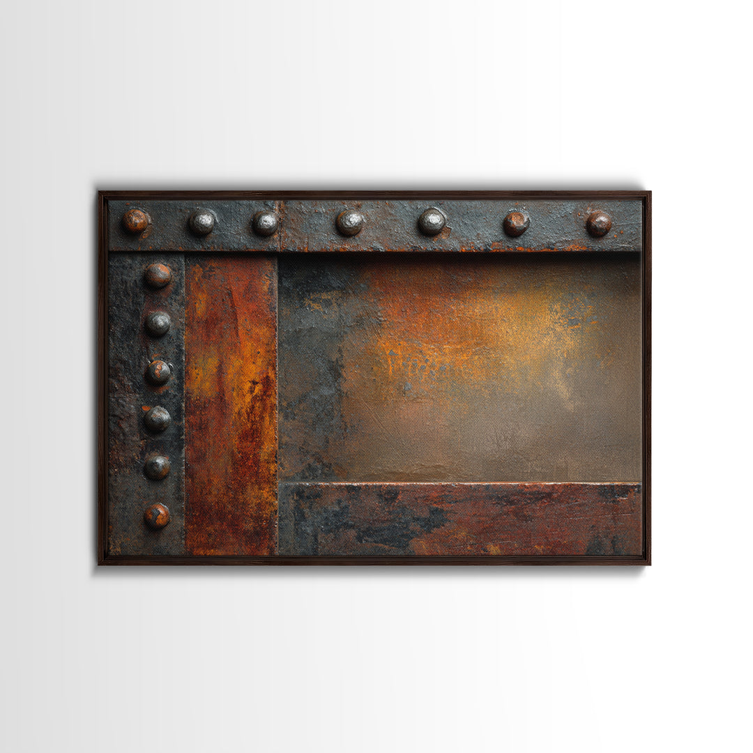 Riveted Metal Panel Texture Study Framed Canvas Print, Industrial Art, Living Room Decor, Oil Painting, Foundry, IND-3x2-50