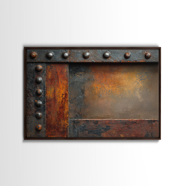 Riveted Metal Panel Texture Study Framed Canvas Print, Industrial Art, Living Room Decor, Oil Painting, Foundry, IND-3x2-50