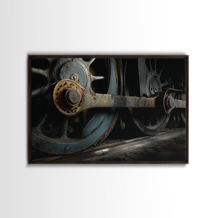 Steam Locomotive Wheel Closeup Canvas Print, Industrial Art, Black and White Art, Living Room Decor, Watercolor Art, Foundry, IND-3x2-58