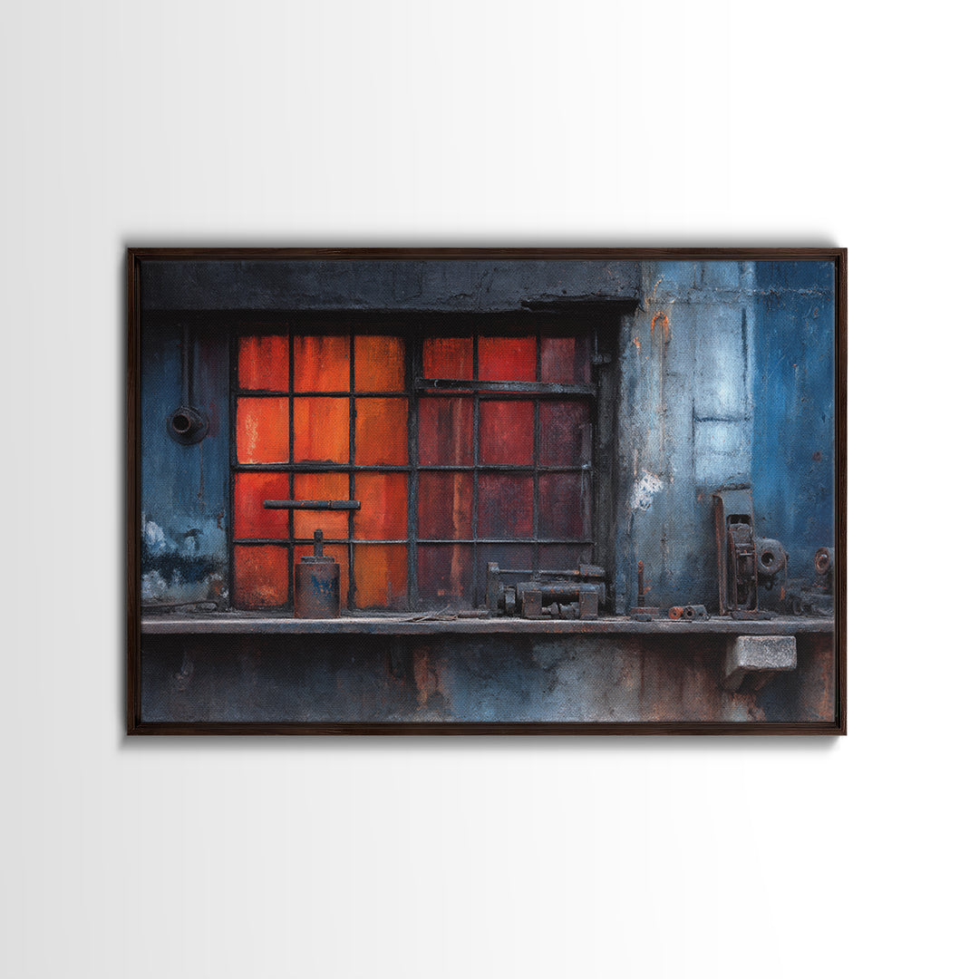 Old Factory Window Framed Canvas Print, Industrial Art, Large Art, Living Room Decor, Fine Art, Foundry, Statement Artwork, IND-3x2-6