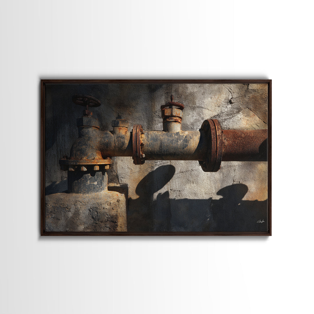 Metal Pipes and Valves as Graphic Composition Framed Canvas Print, Industrial Art, Art Prints, Living Room Decor, Foundry, IND-3x2-60