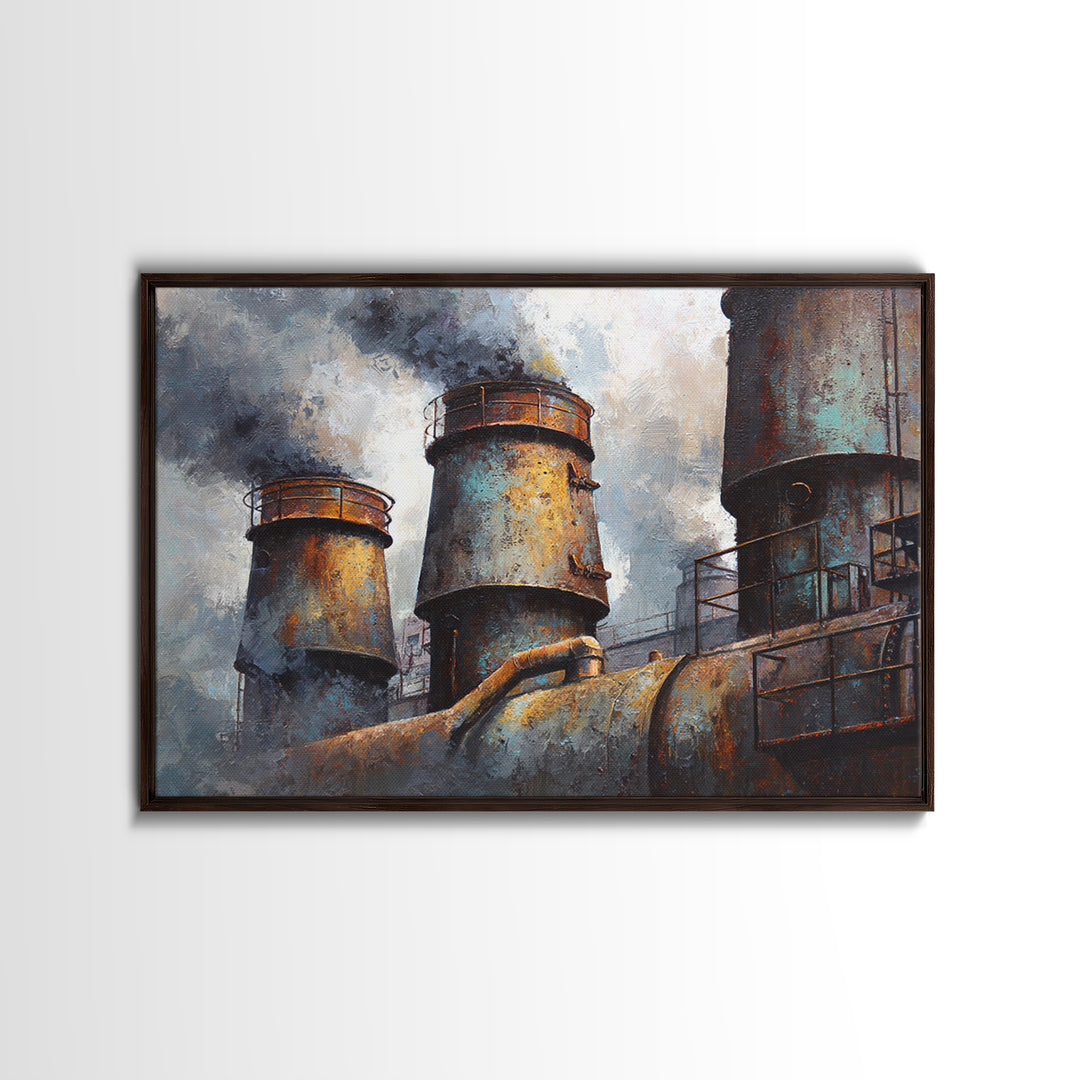 Factory Smokestacks with Moody Sky Framed Canvas Print, Industrial Art, Fine Art Print, Living Room Decor, Fine Art, Foundry, IND-3x2-63