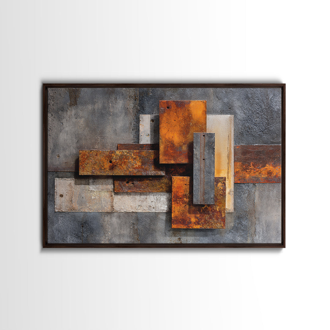 Rust Orange and Charcoal Geometric Abstraction Canvas Print, Industrial Art, Steampunk Decor, Living Room Decor, Abstract Art, IND-3x2-66