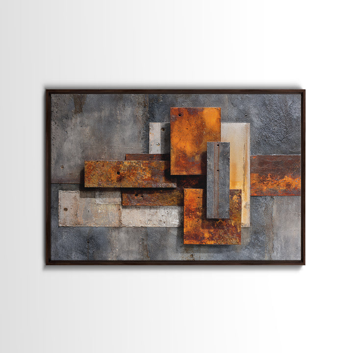 Rust Orange and Charcoal Geometric Abstraction Canvas Print, Industrial Art, Steampunk Decor, Living Room Decor, Abstract Art, IND-3x2-66