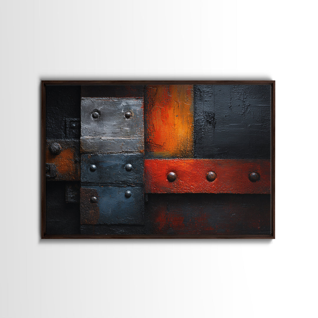 Riveted Metal Panel Texture Study Framed Canvas Print, Industrial Art, Living Room Decor, Oil Painting, Foundry, IND-3x2-74