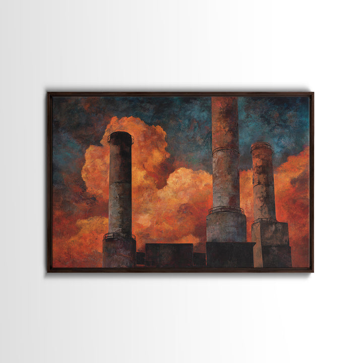 Factory Smokestacks with Moody Sky Framed Canvas Print, Industrial Art, Textured Wall Art, Living Room Decor, Fine Art, Foundry, IND-3x2-87