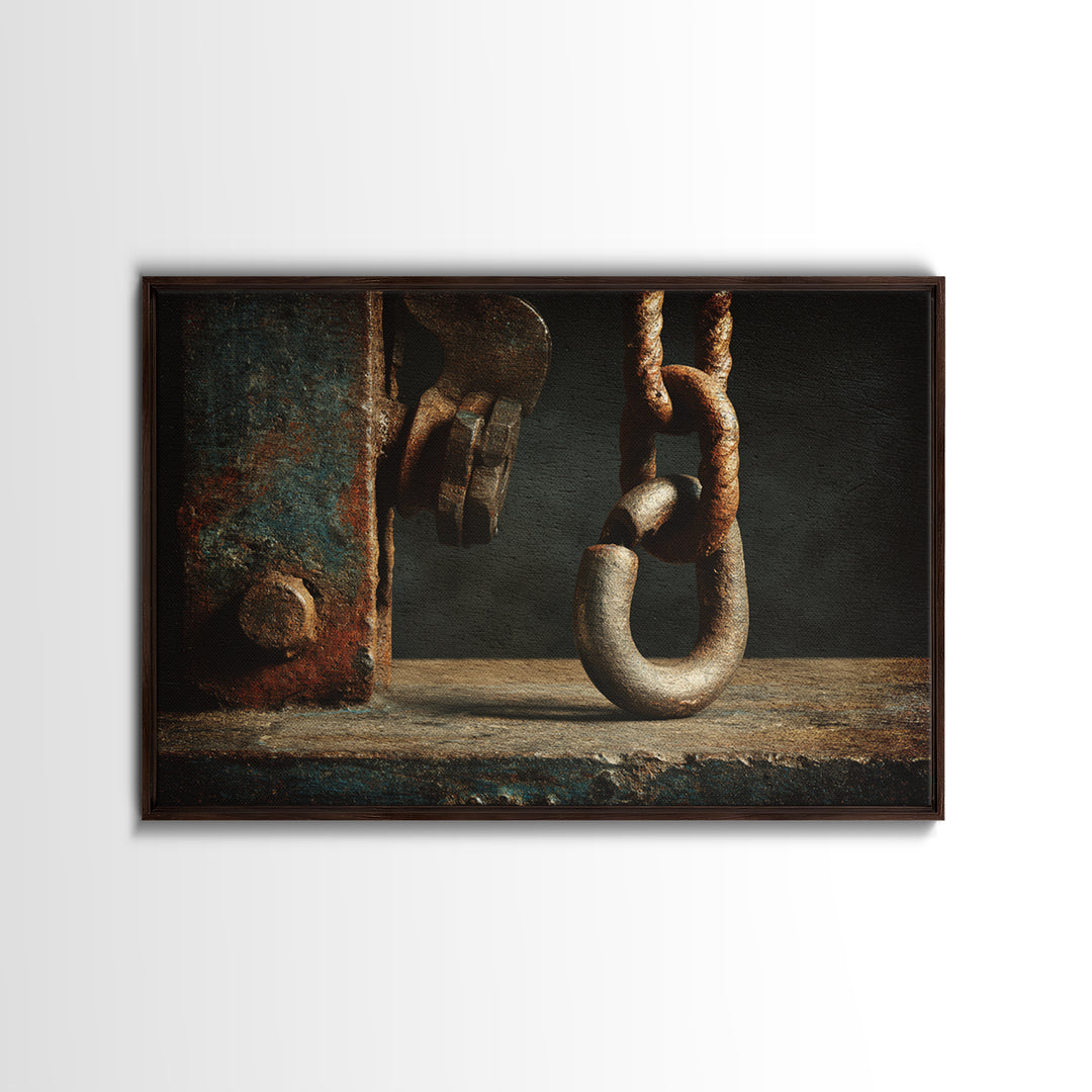 Chain and Hook Still Life Framed Canvas Print, Industrial Art, Textured Wall Art, Living Room Decor, Fine Art, Foundry, IND-3x2-92