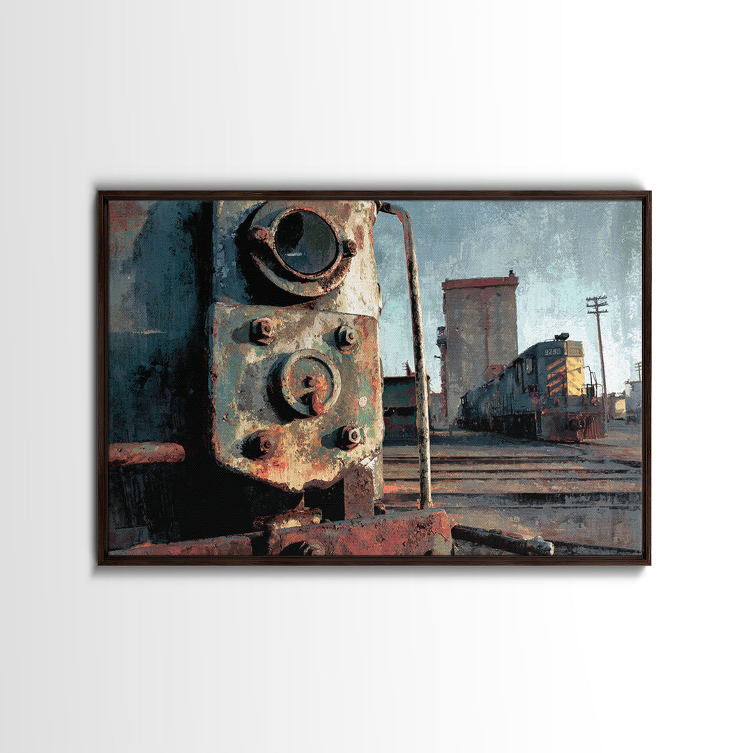 Urban Rail Yard Framed Canvas Print, Industrial Art, Art, Living Room Decor, Watercolor Art, Foundry, Printable Art, IND-3x2-97