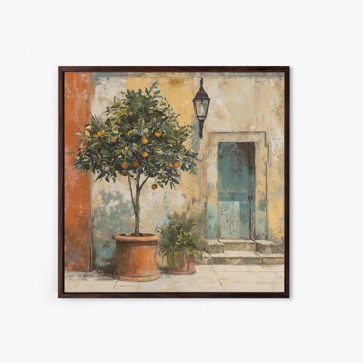Orange Tree in a Courtyard Planter Canvas Print, Italian Villa Art, Coastal Decor, Living Room Decor, Fine Art, Villa, IVA-1x1-14