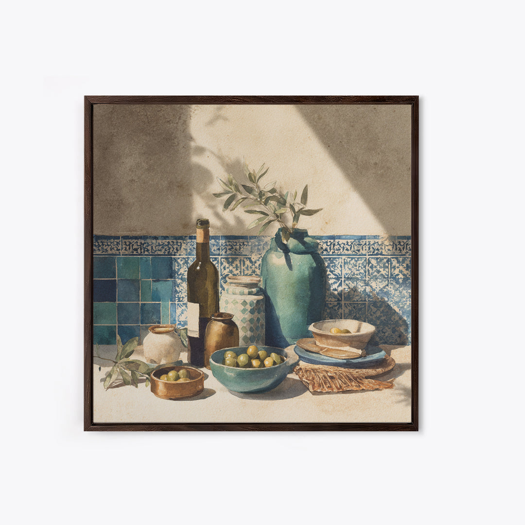 White Wine and Olives Still Life Framed Canvas Print, Italian Villa Art, Farmhouse Wall Art, Living Room Decor, Watercolor Art, IVA-1x1-16