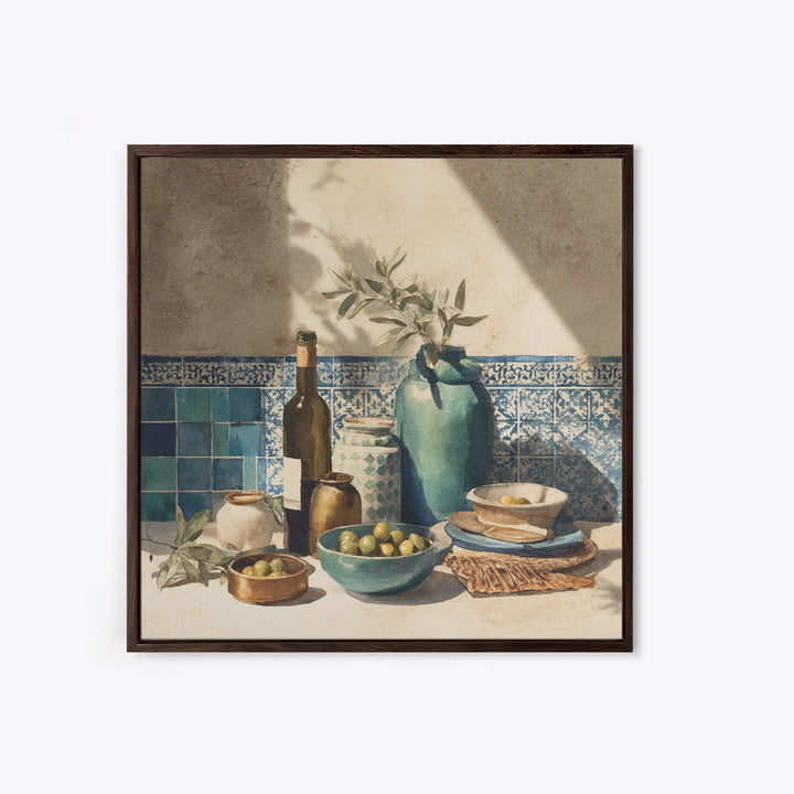 White Wine and Olives Still Life Framed Canvas Print, Italian Villa Art, Farmhouse Wall Art, Living Room Decor, Watercolor Art, IVA-1x1-16