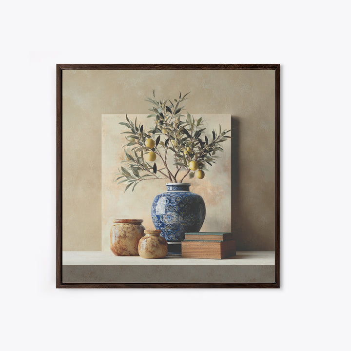 Lemon Branch in Blue Ceramic Vase Framed Canvas Print, Italian Villa Art, Bedroom Wall Art, Living Room Decor, Oil Painting, IVA-1x1-2