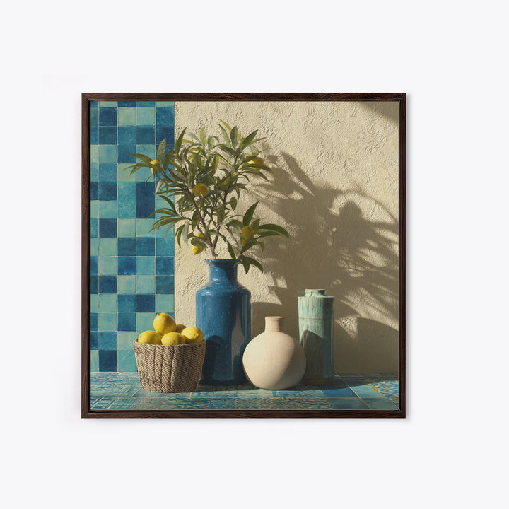 Lemon Branch in Blue Ceramic Vase Canvas Print, Italian Villa Art, Gallery Wall, Living Room Decor, Watercolor Art, Villa, IVA-1x1-26
