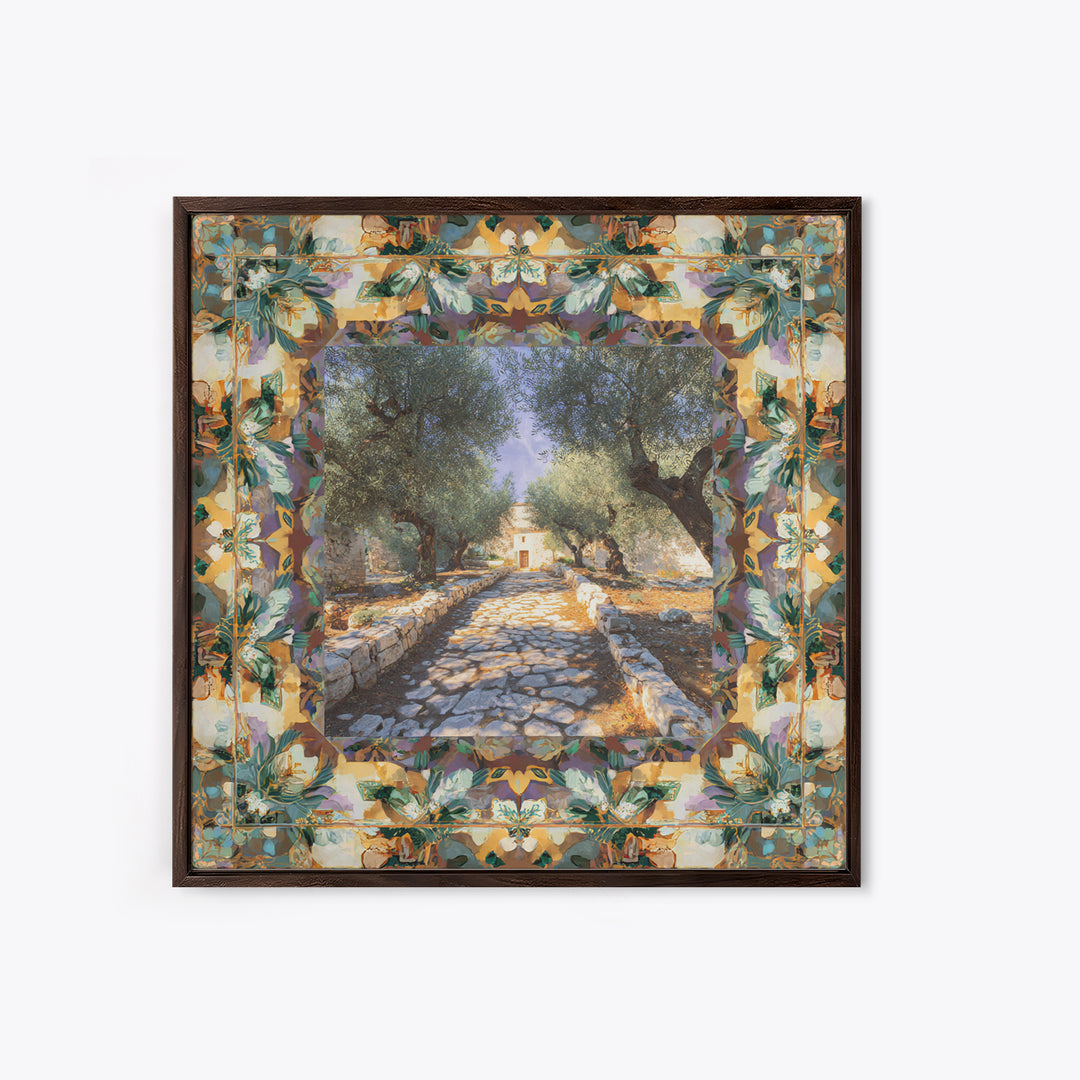 Olive Grove Path Framed Canvas Print, Italian Villa Art, Bedroom Wall Decor, Living Room Decor, Villa, Neutral Wall Art, IVA-1x1-27