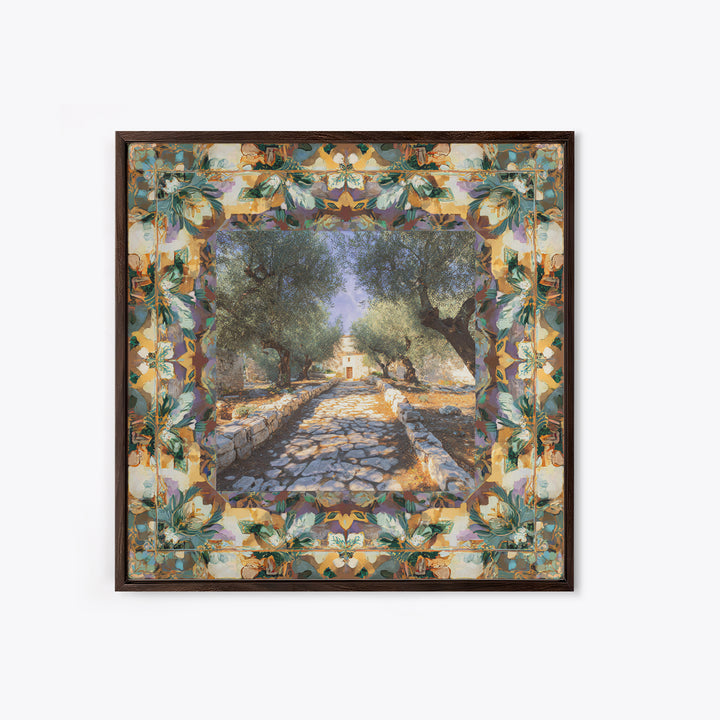 Olive Grove Path Framed Canvas Print, Italian Villa Art, Bedroom Wall Decor, Living Room Decor, Villa, Neutral Wall Art, IVA-1x1-27