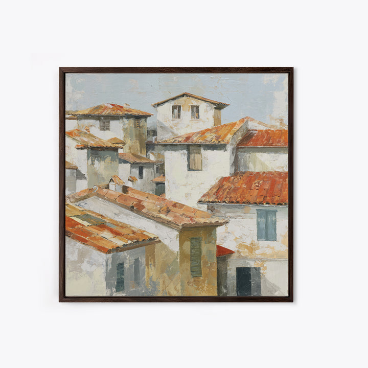 Terracotta Rooftops Against Pale Sky Framed Canvas Print, Italian Villa Art, Printable Art, Living Room Decor, Oil Painting, IVA-1x1-28