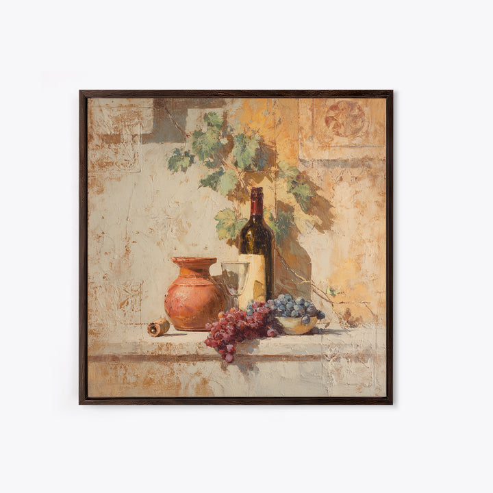 Grapevine and Wine Still Life on Linen Canvas Print, Italian Villa Art, Coastal Wall Art, Living Room Decor, Abstract Art, IVA-1x1-31