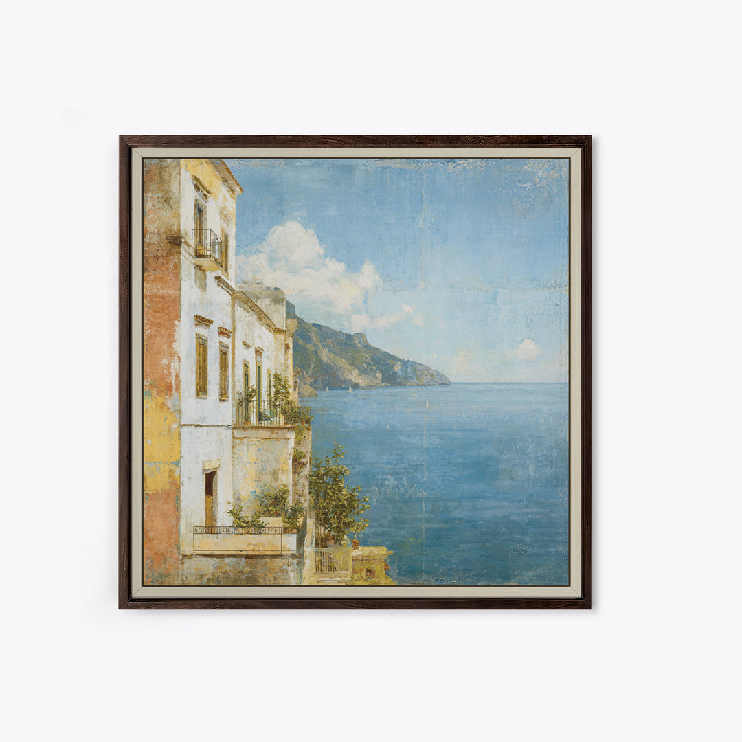 Amalfi Coast Cliffs Framed Canvas Print, Italian Villa Art, Colorful Wall Art, Living Room Decor, Oil Painting, Villa, IVA-1x1-37