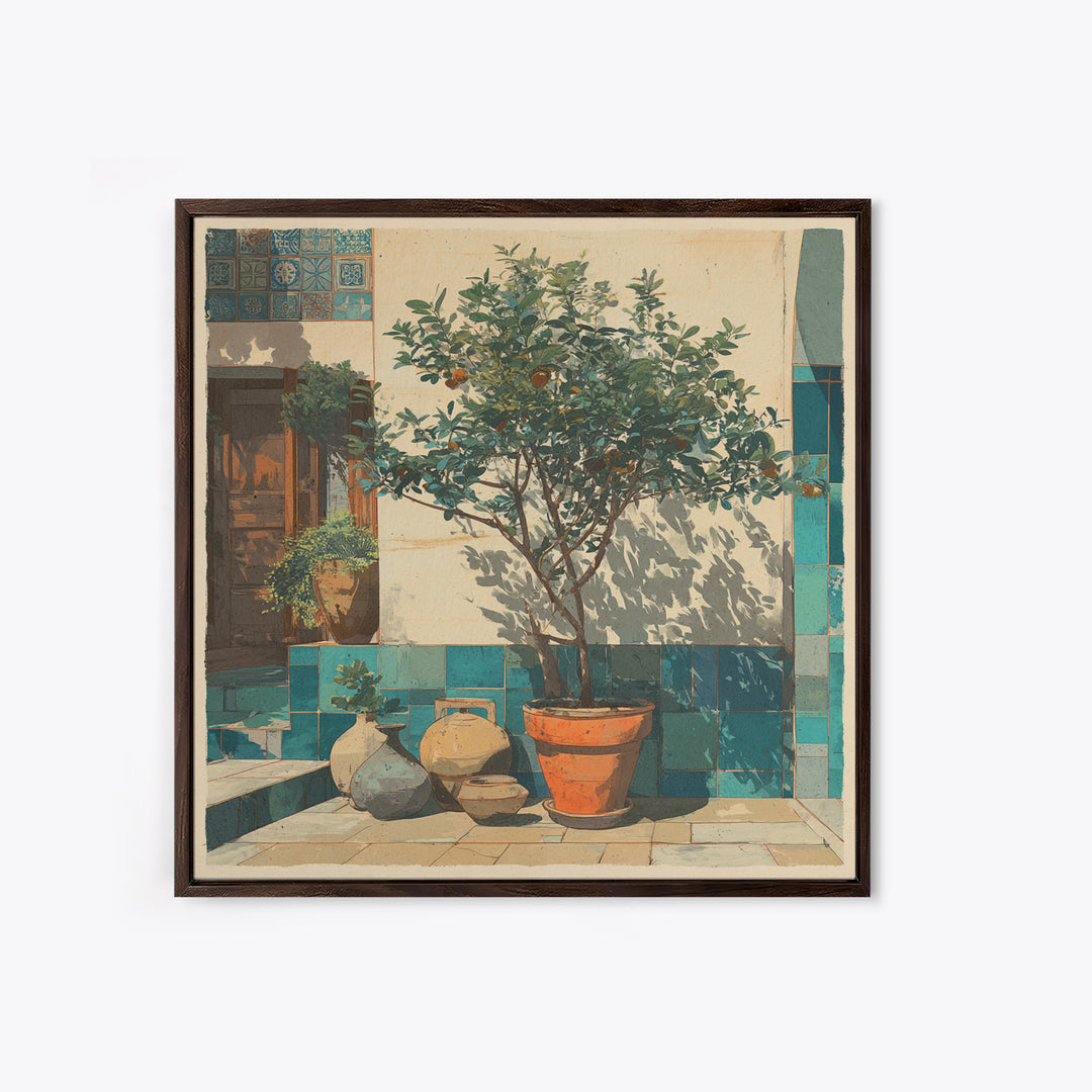 Orange Tree in a Courtyard Planter Framed Canvas Print, Italian Villa Art, Digital Download Art, Living Room Decor, Villa, IVA-1x1-38