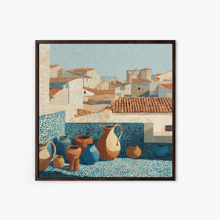 Terracotta Rooftops Against Pale Sky Canvas Print, Italian Villa Art, Wall Art Prints, Living Room Decor, Watercolor Art, Villa, IVA-1x1-4
