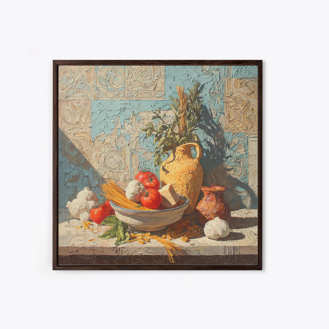 Pasta Herbs and Tomatoes Still Life Framed Canvas Print, Italian Villa Art, Farmhouse Wall Art, Living Room Decor, Oil Painting, IVA-1x1-43