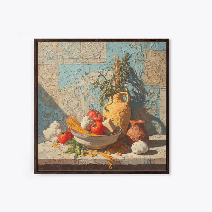 Pasta Herbs and Tomatoes Still Life Framed Canvas Print, Italian Villa Art, Farmhouse Wall Art, Living Room Decor, Oil Painting, IVA-1x1-43