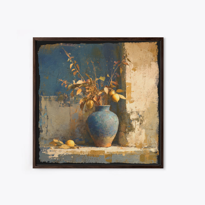 Lemon Branch in Blue Ceramic Vase Canvas Print, Italian Villa Art, Gallery Wall, Living Room Decor, Watercolor Art, Villa, IVA-1x1-50