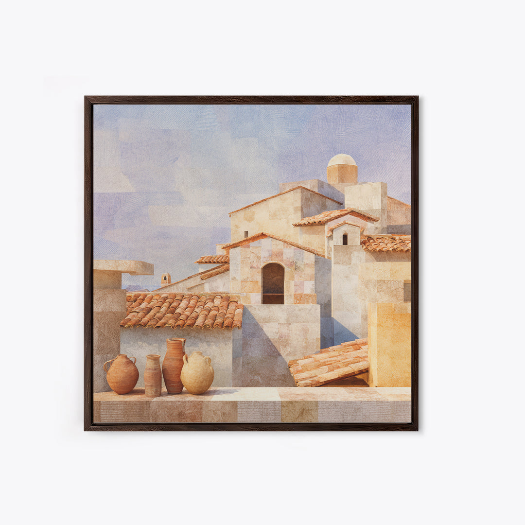 Terracotta Rooftops Against Pale Sky Framed Canvas Print, Italian Villa Art, Colorful Wall Art, Living Room Decor, Villa, IVA-1x1-52