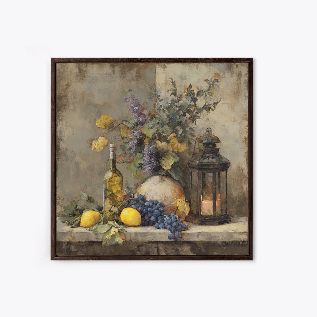 Grapevine and Wine Still Life on Linen Canvas Print, Italian Villa Art, Neutral Wall Art, Living Room Decor, Abstract Art, IVA-1x1-55