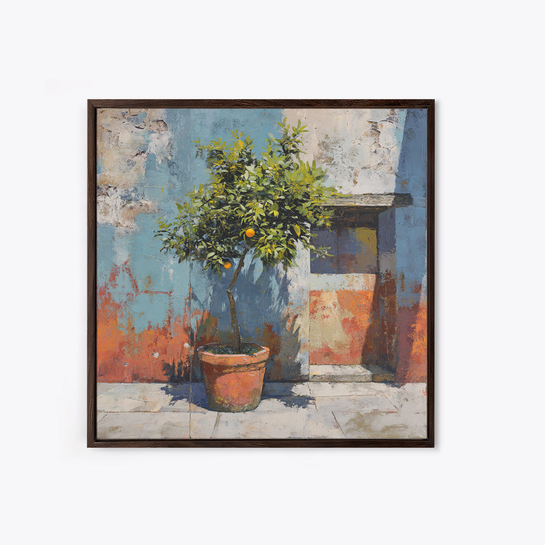 Orange Tree in a Courtyard Planter Framed Canvas Print, Italian Villa Art, Digital Download Art, Living Room Decor, Villa, IVA-1x1-62