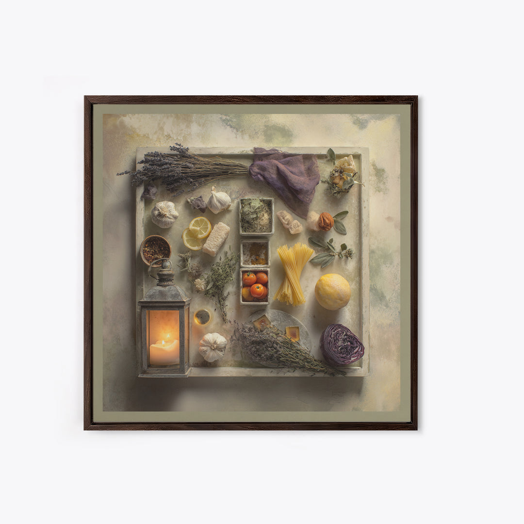 Pasta Herbs and Tomatoes Still Life Framed Canvas Print, Italian Villa Art, Digital Art Print, Living Room Decor, Villa, IVA-1x1-67