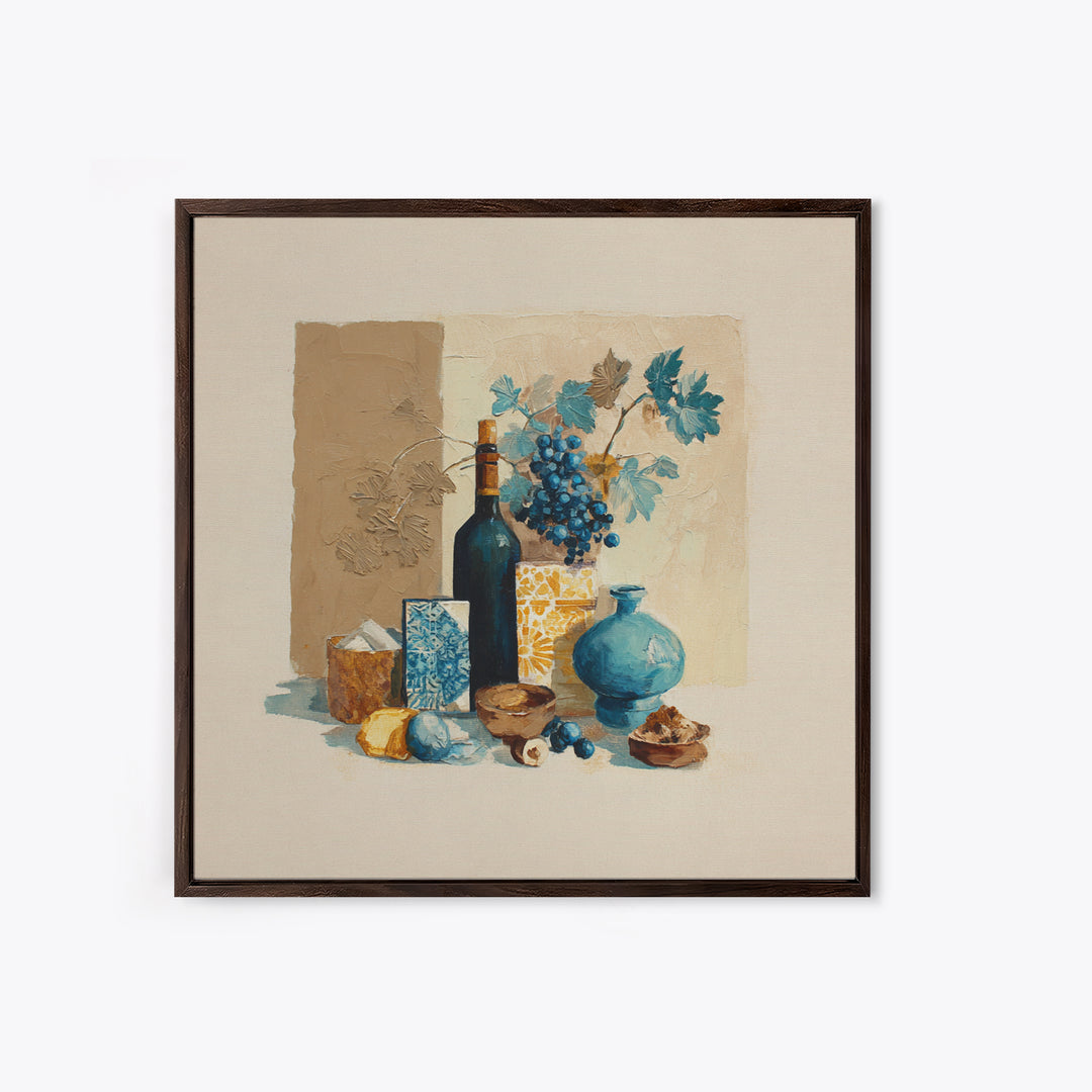 Grapevine and Wine Still Life on Linen Framed Canvas Print, Italian Villa Art, Printable Art, Living Room Decor, Villa, IVA-1x1-7