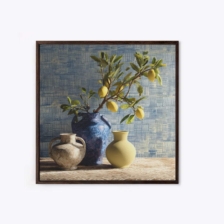 Lemon Branch in Blue Ceramic Vase Framed Canvas Print, Italian Villa Art, Gallery Wall Set, Living Room Decor, Watercolor Art, IVA-1x1-74