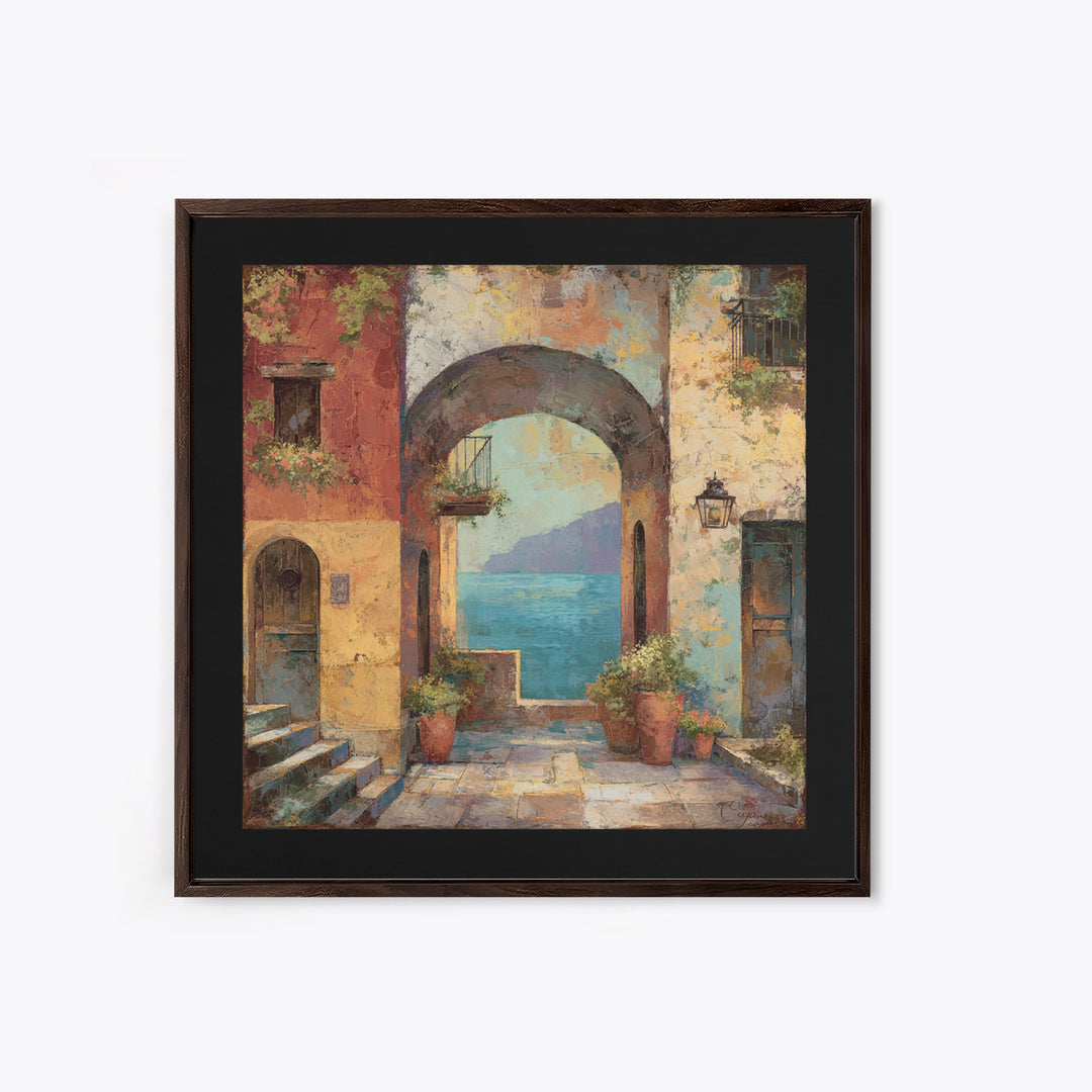 Mediterranean Arch Framing Blue Sea Framed Canvas Print, Italian Villa Art, Home Decor, Living Room Decor, Fine Art, Villa, IVA-1x1-80