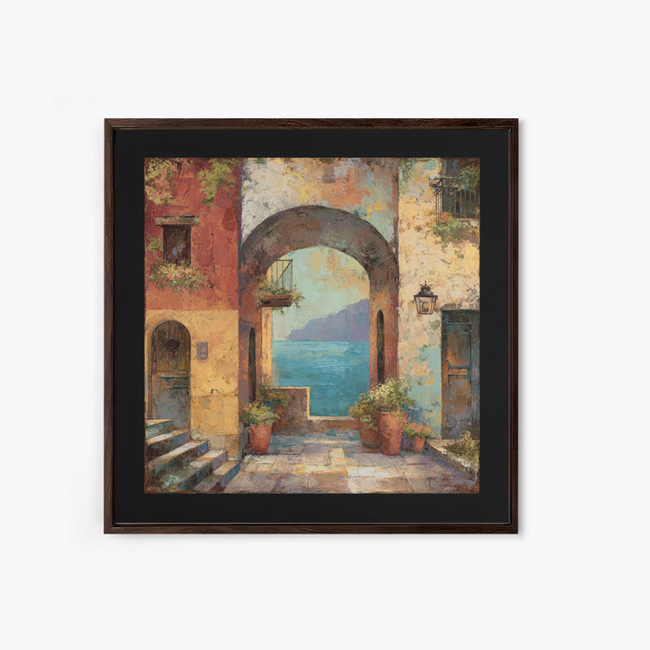 Mediterranean Arch Framing Blue Sea Framed Canvas Print, Italian Villa Art, Home Decor, Living Room Decor, Fine Art, Villa, IVA-1x1-80