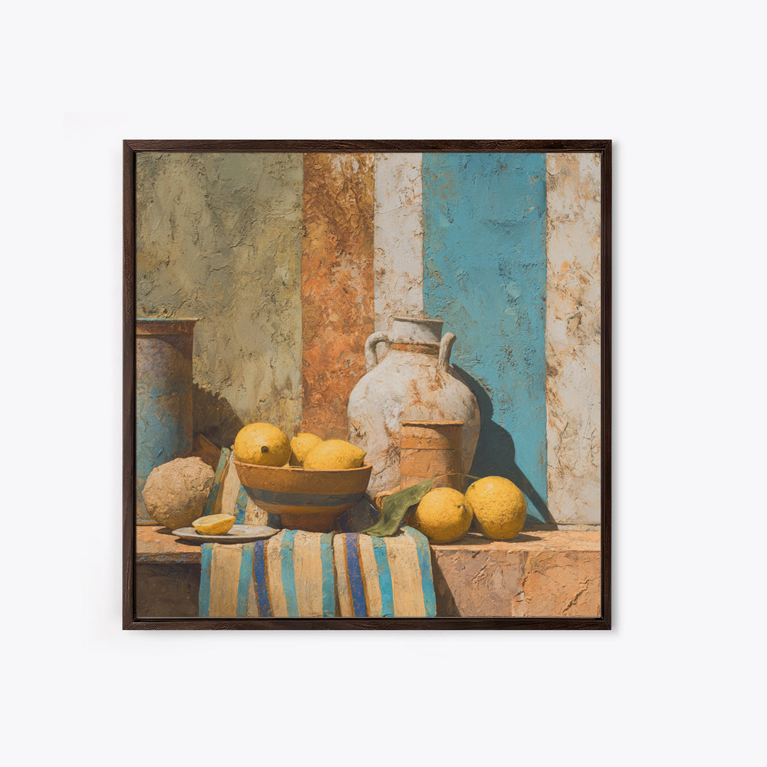 Coastal Lemons and Striped Cloth Arrangement Canvas Print, Italian Villa Art, Printable Wall Art, Living Room Decor, Villa, IVA-1x1-96