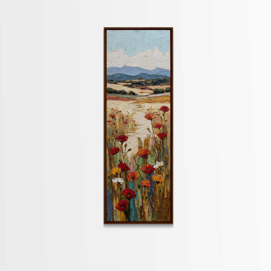 Tuscan Poppy Field Framed Canvas Print, Italian Villa Art, Travel Poster, Living Room Decor, Watercolor Art, Villa, IVA-1x3-3