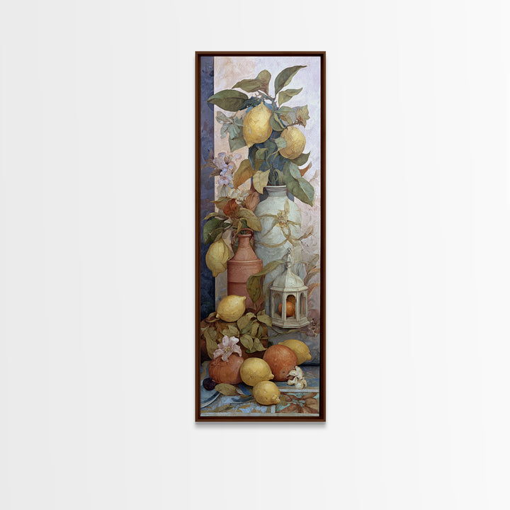 Coastal Lemons and Striped Cloth Arrangement Framed Canvas Print, Italian Villa Art, Landscape Print, Living Room Decor, Villa, IVA-1x3-36