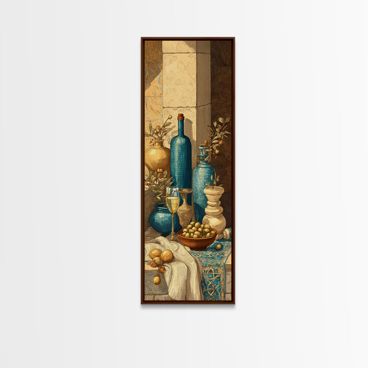 White Wine and Olives Still Life Framed Canvas Print, Italian Villa Art, Colorful Wall Art, Living Room Decor, Fine Art, Villa, IVA-1x3-4