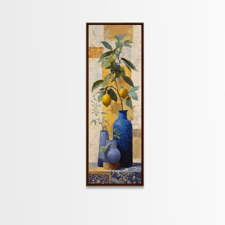 Lemon Branch in Blue Ceramic Vase Framed Canvas Print, Italian Villa Art, Gallery Wall Set, Living Room Decor, Oil Painting, IVA-1x3-62