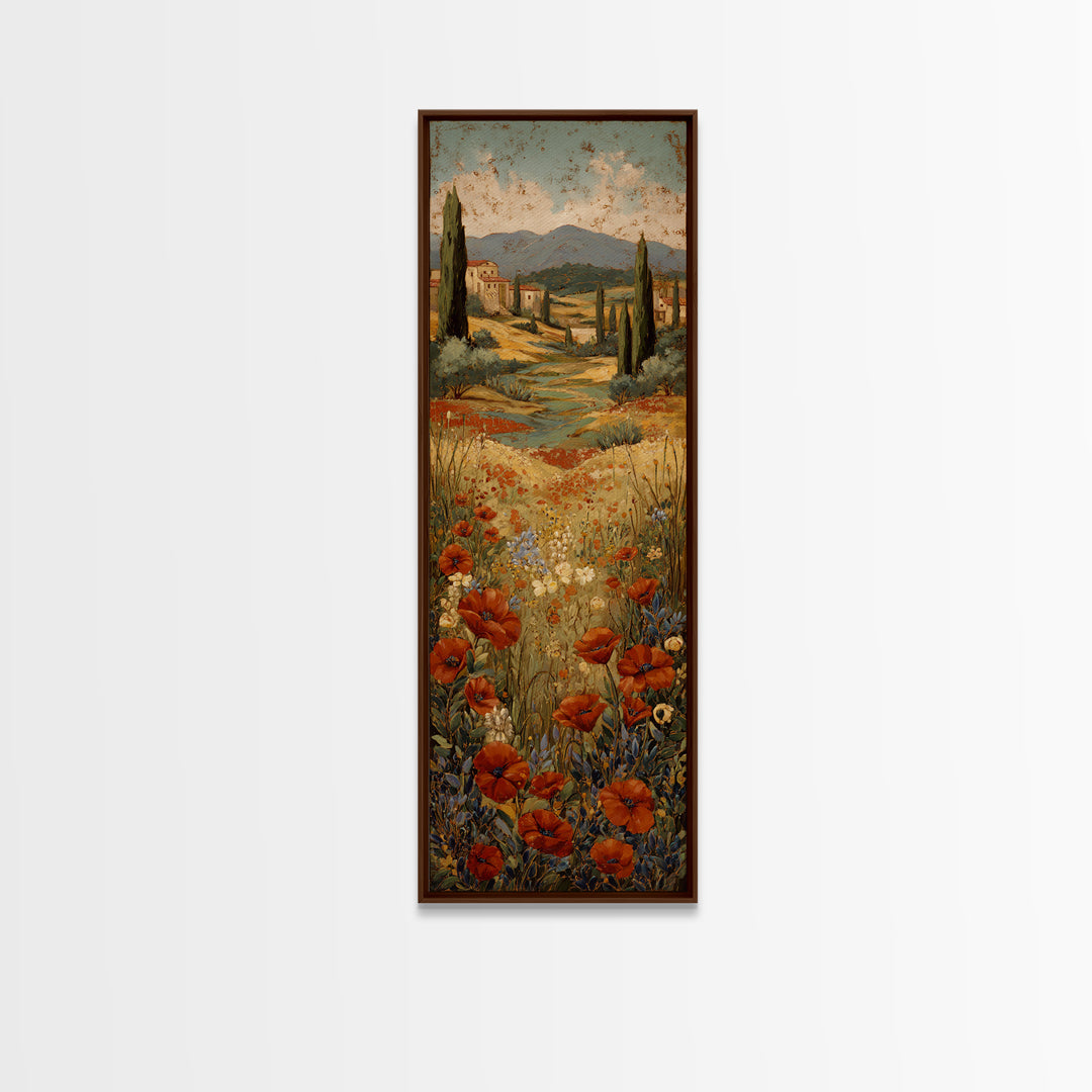 Tuscan Poppy Field Framed Canvas Print, Italian Villa Art, Printable Wall Art, Living Room Decor, Villa, Coastal Wall Art, IVA-1x3-75